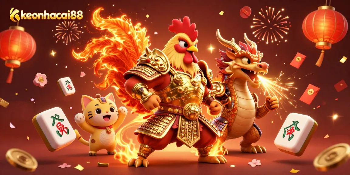 Join keonhacai88 for an epic showdown between a fighting rooster warrior and a dragon hatchling!