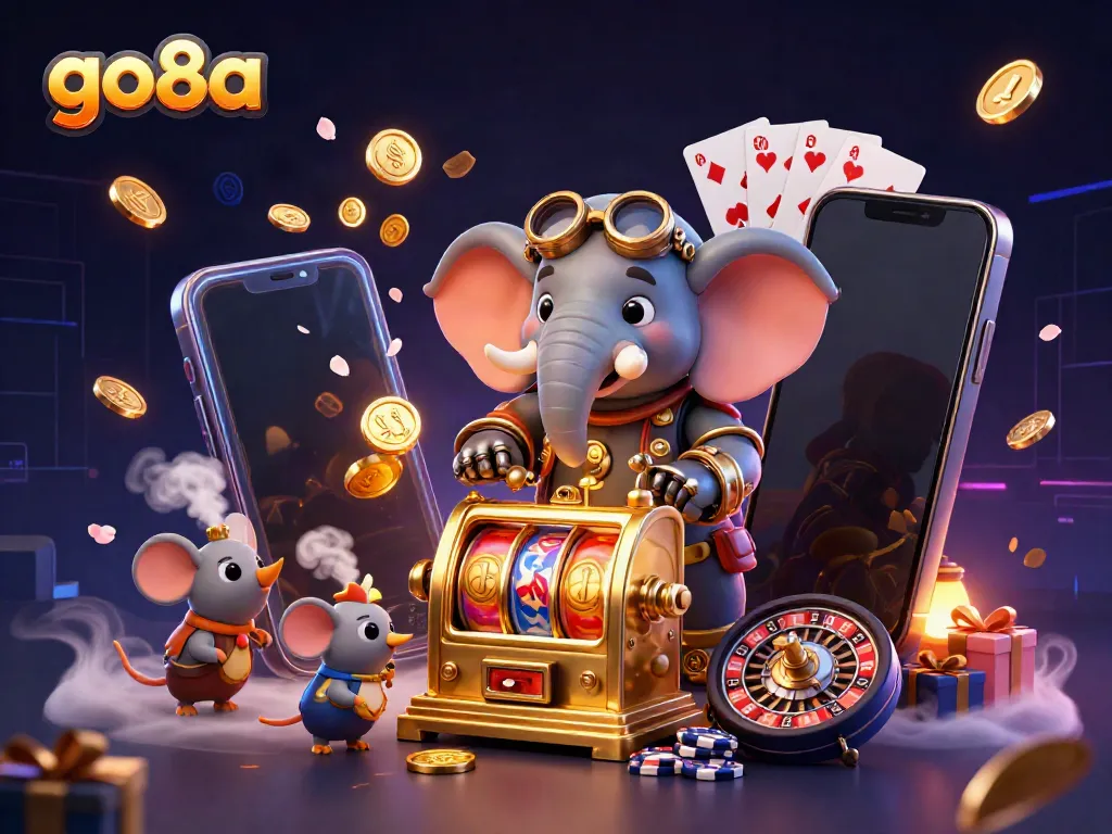 Experience go8a's vibrant slot gaming scene with a dynamic steampunk elephant character.