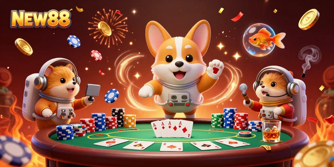 Experience winning excitement at NEW88 with floating corgis, poker chips, and festive casino decor.