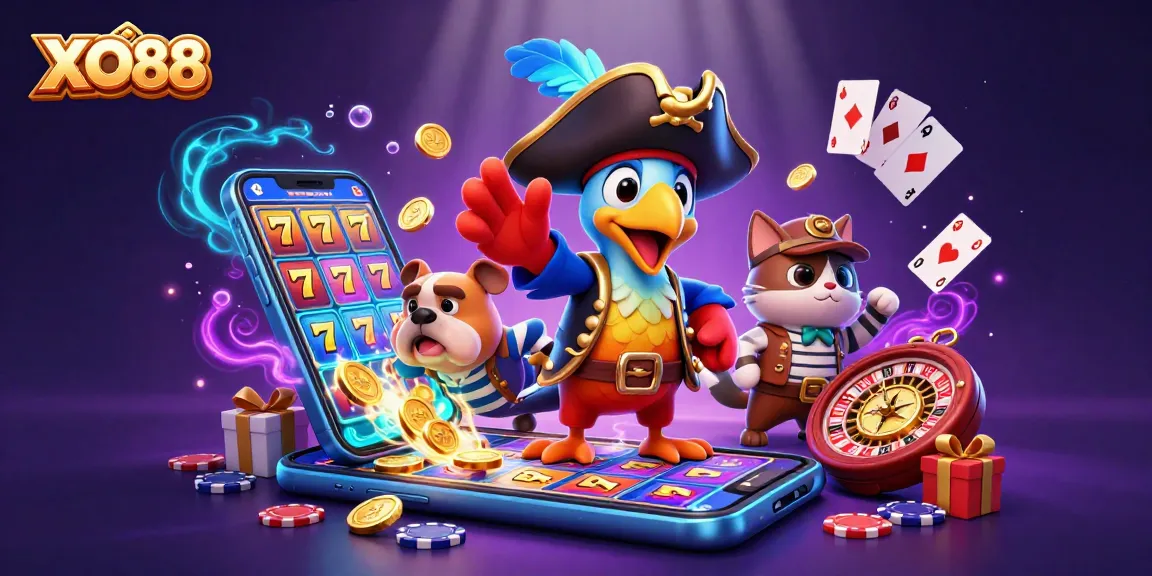 XO88 brings excitement with a dynamic slot game scene featuring characters in a vibrant 3D illustration.