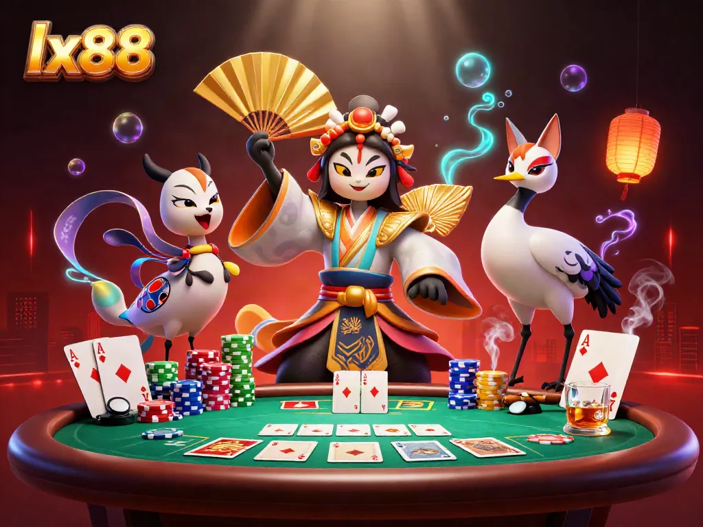 Experience thrilling moments at lx88, featuring a vibrant poker scene with kabuki warriors and colorful chips.