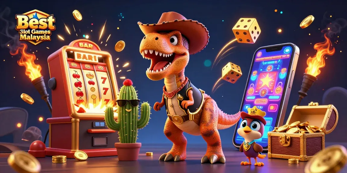Engage with the best online slot games in Malaysia, illustrated with vibrant casino characters and elements.