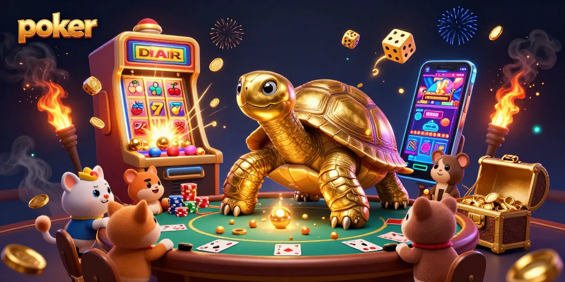 Players engaging in exciting poker action as a colossal tortoise and friends enjoy a vibrant casino ambience.