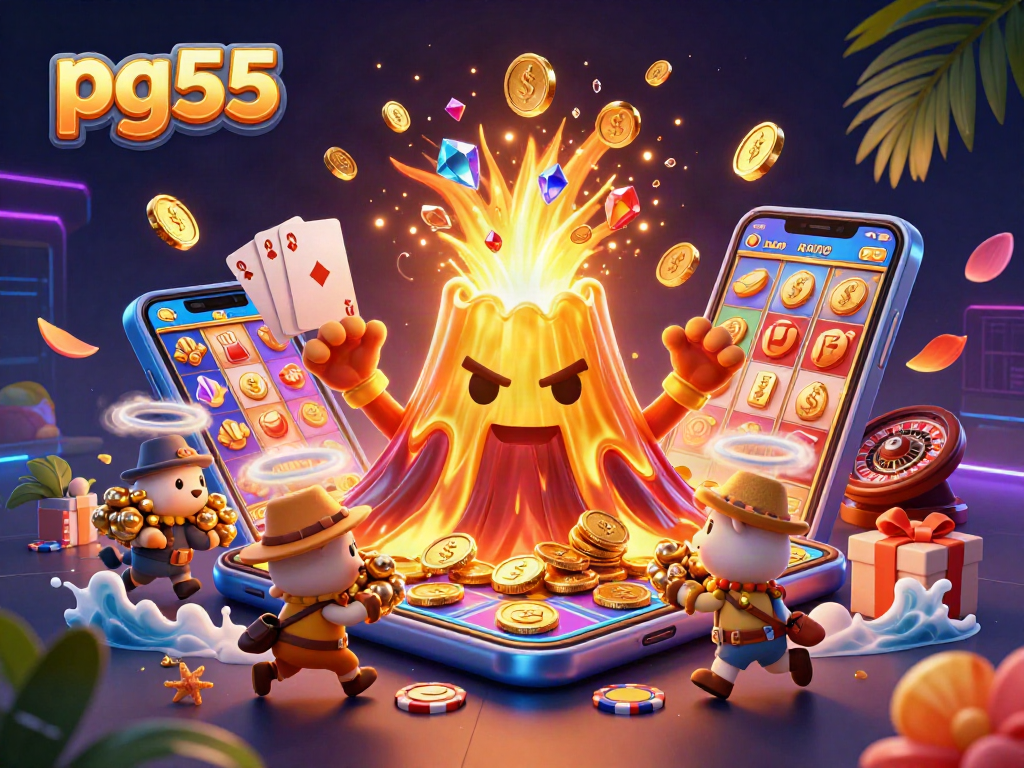 Experience thrilling wins with pg55's golden volcano erupting treasures in a dynamic casino scene.