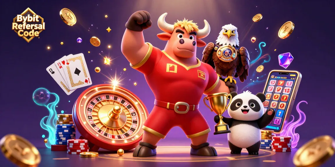 Engage with the Bybit Referral Code in a vibrant casino scene featuring a bull mascot, eagle, and panda.