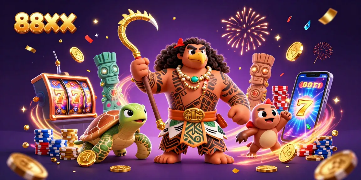 Win big at 88XX casino featuring a demigod, treasure, and vibrant gaming elements.