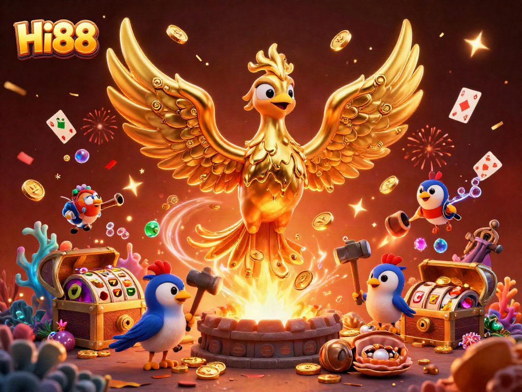 Experience excitement at Hi88 with a molten golden phoenix soaring amidst slot reels and sparkling treasures.