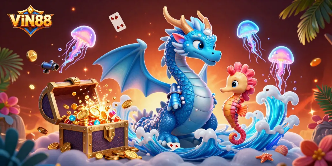 Engage in thrilling gameplay at VIN88, featuring a majestic water dragon amidst underwater treasures and vibrant elements.
