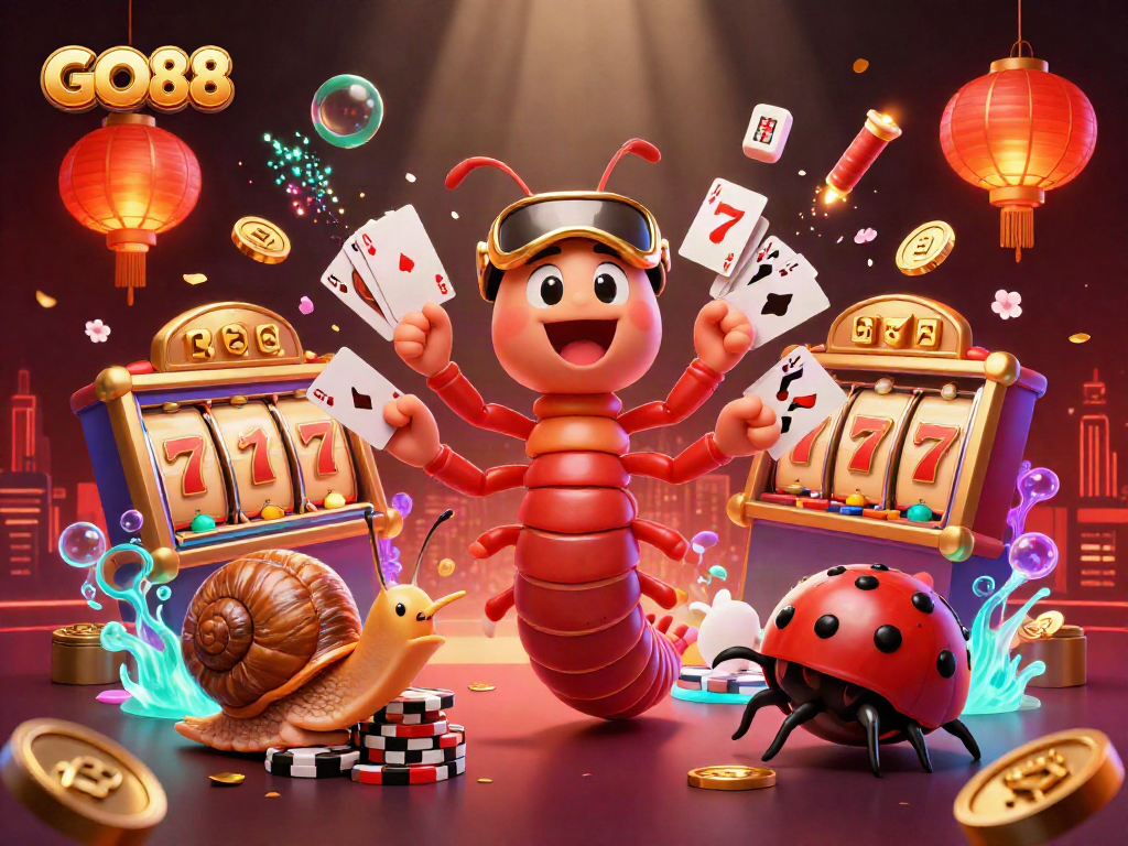 Engage with GO88's thrilling casino experience through this vibrant 3D illustration.