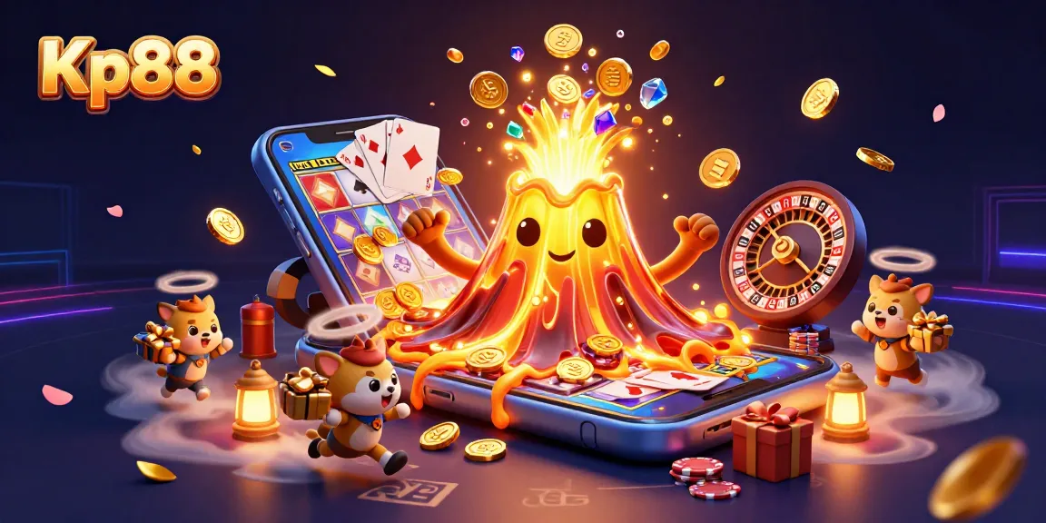 Kp88 engages players with a triumphant golden volcano showering treasures amidst a thrilling casino scene.