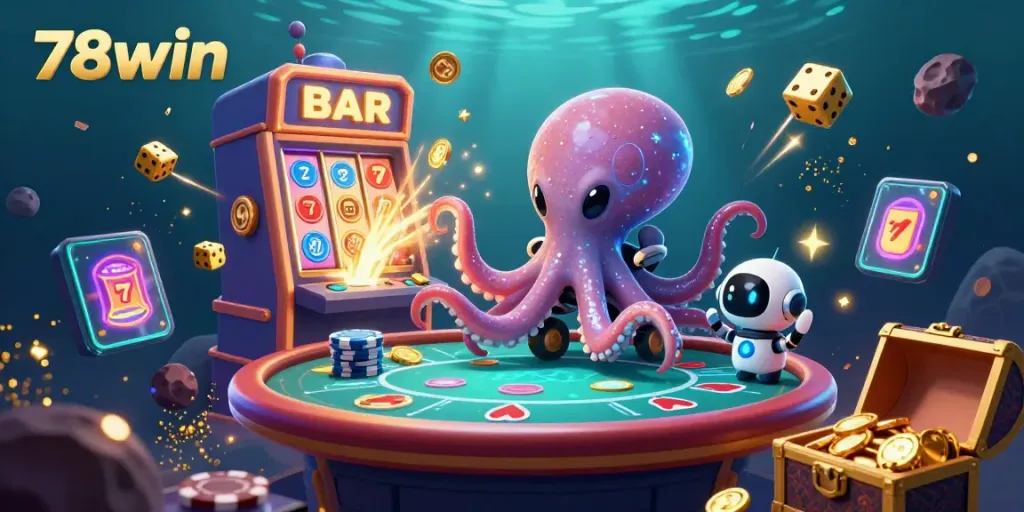 Experience thrilling casino action with 78win's vibrant alien octopus at a poker table amid bursting jackpots.