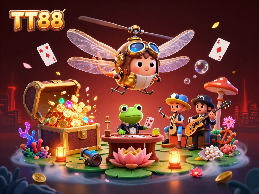 TT88 promotes exciting gaming experiences with a vibrant casino scene featuring fun characters and rich details.