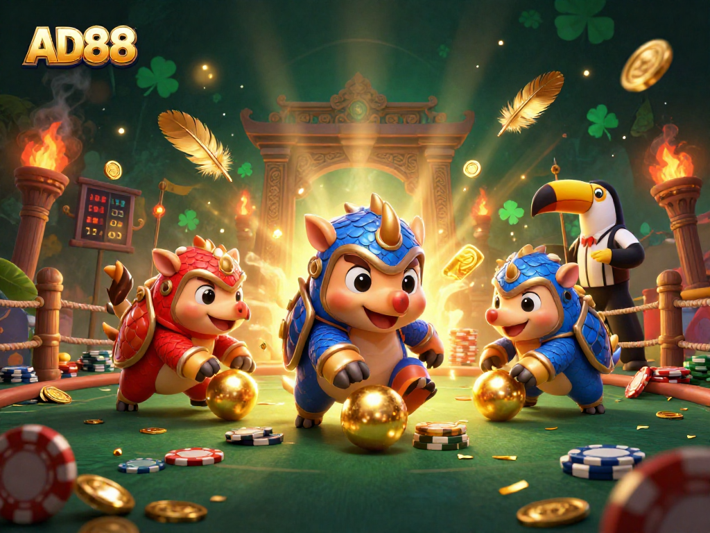 AD88 showcases rival pangolins rolling poker chips in a vibrant casino showdown.