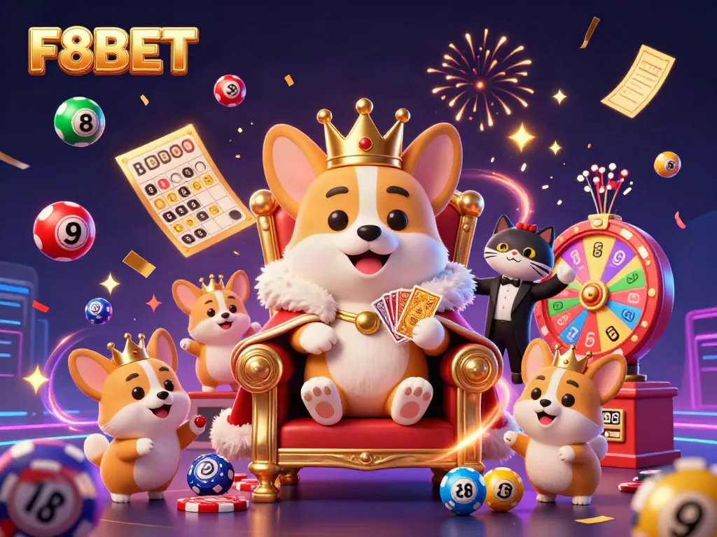 Experience the regal charm of F8BET with a royal corgi and engaging casino elements in the vibrant scene.