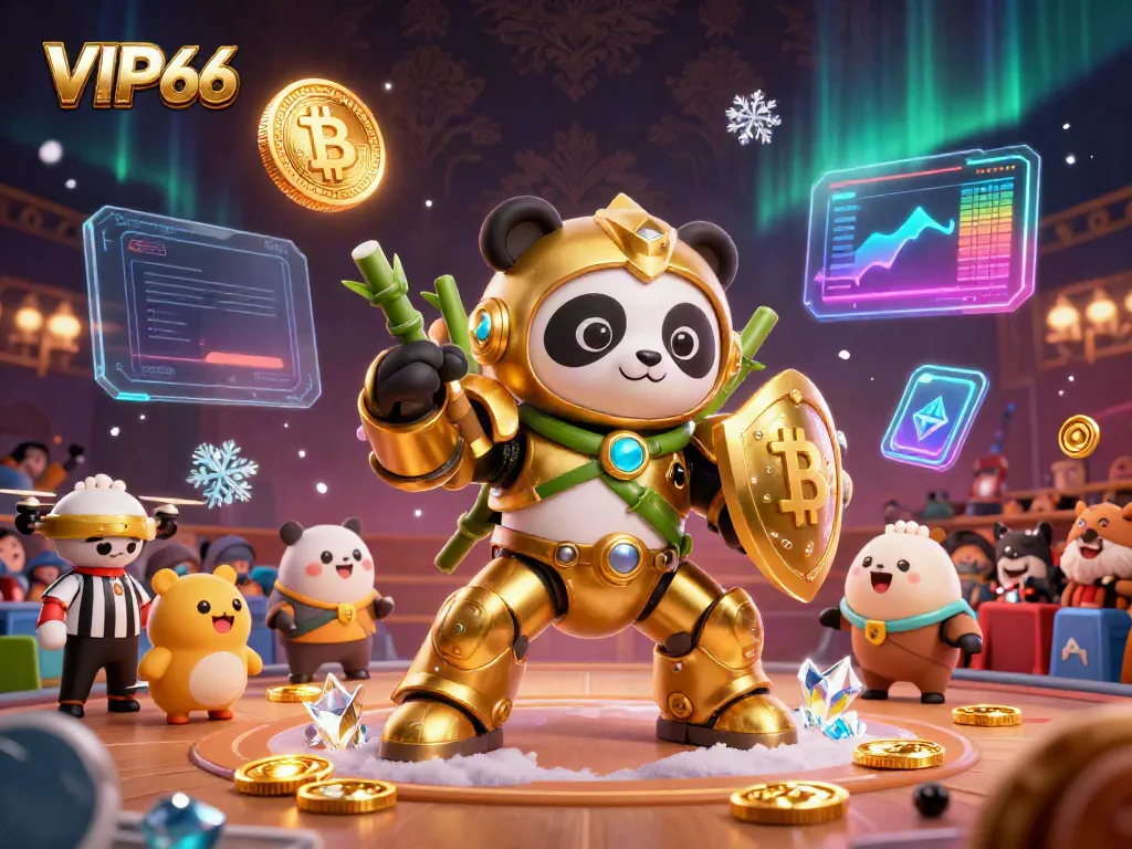 VIP66 illustration featuring a mech-suit panda in a casino arena, surrounded by crypto elements and vibrant colors.