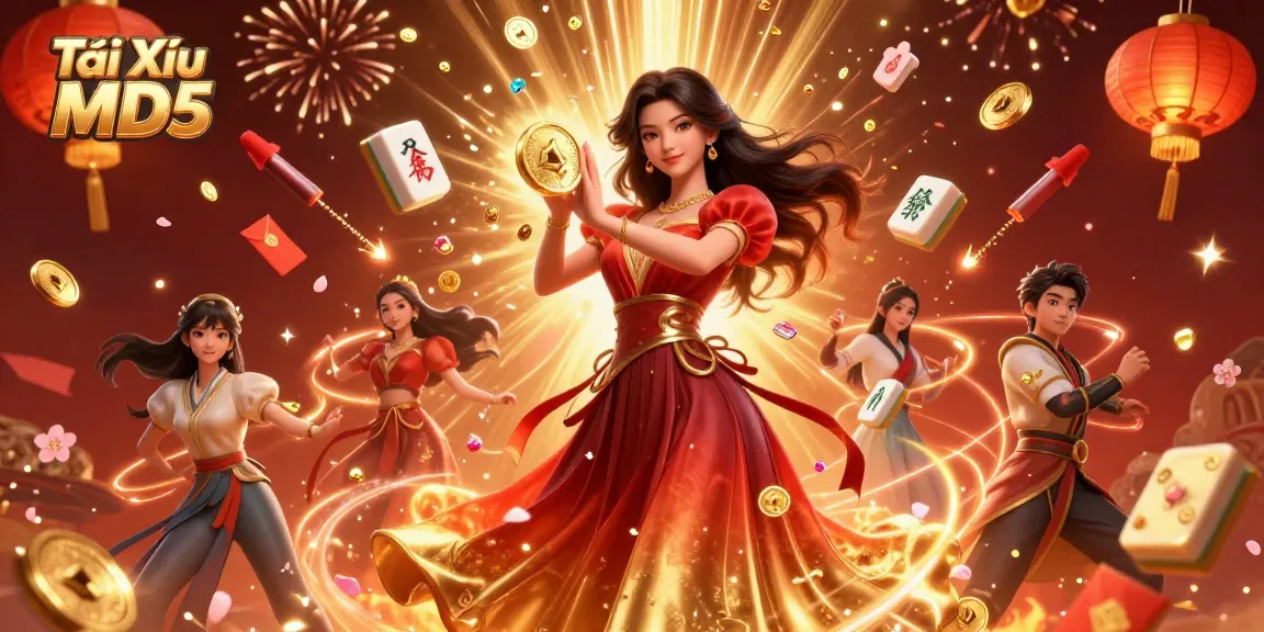 Tài Xỉu MD5 vibrant scene with Asian woman holding golden coin amidst festive casino elements.