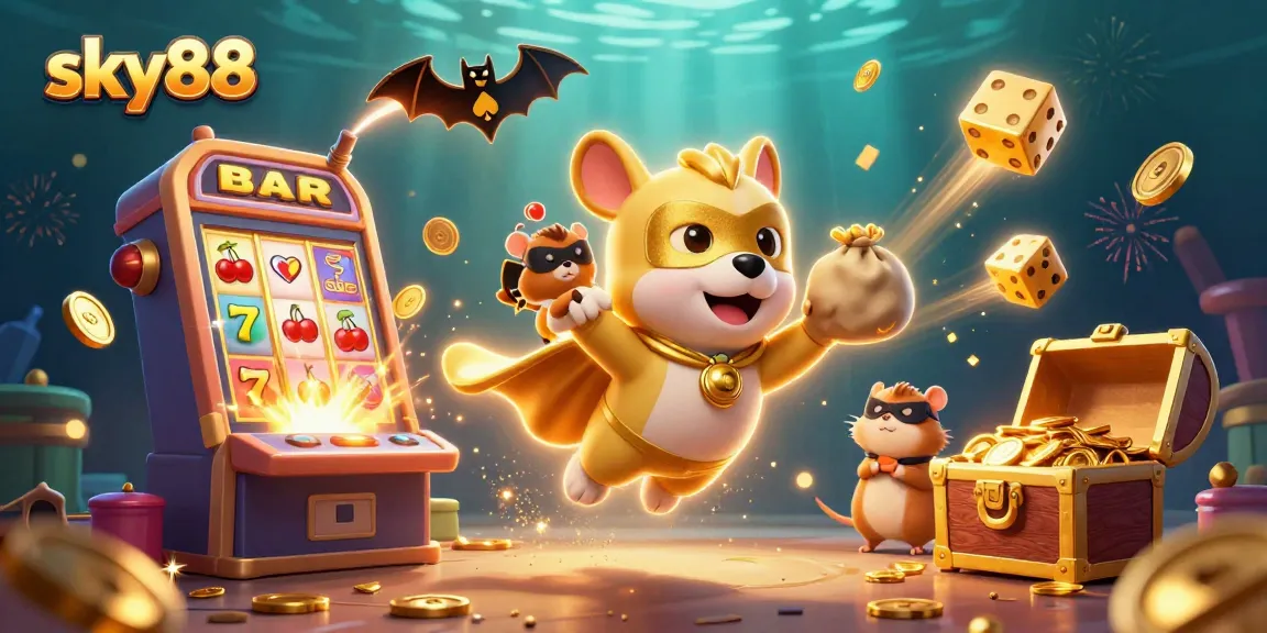 Sky88 showcases thrilling gambling with a superhero dog and colorful slot elements flying in a dynamic scene.