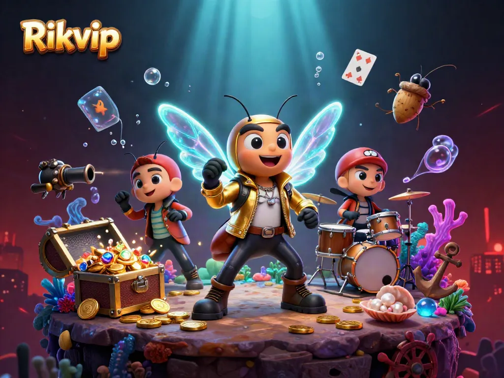 Experience the vibrant excitement of Rikvip casino with buzzing cartoon characters and dynamic casino elements.