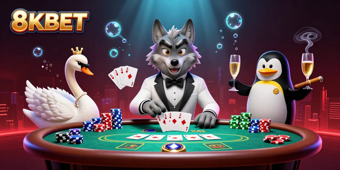Engage in thrilling gameplay at 8KBET with a debonair wolf and elegant characters at a baccarat table.