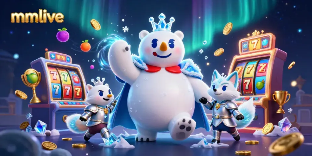 Experience mmlive thrills with a cartoon ice king and snow fox amidst dynamic casino elements.