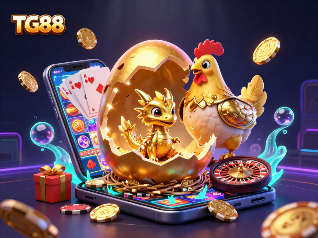 Engage with TG88's vibrant gaming universe featuring golden dragon and poker chips.
