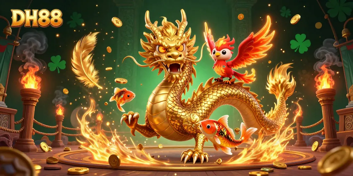 Engage with DH88's vibrant casino experience featuring a golden dragon, phoenix, and koi fish in action.
