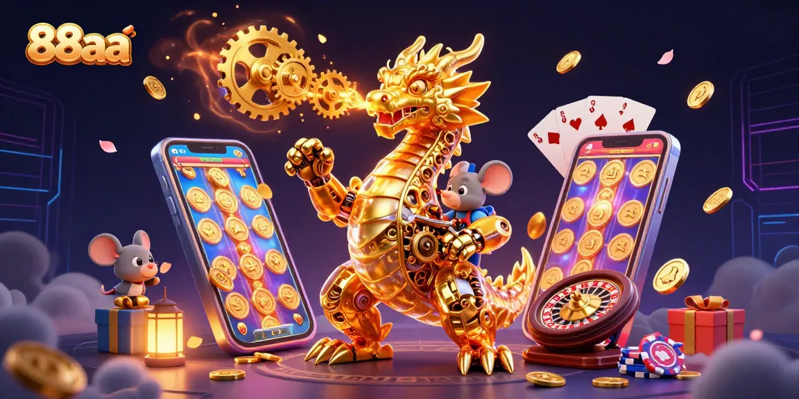 Engage with the thrilling world of 88aa through a golden dragon intertwining with gaming elements, showcasing excitement.