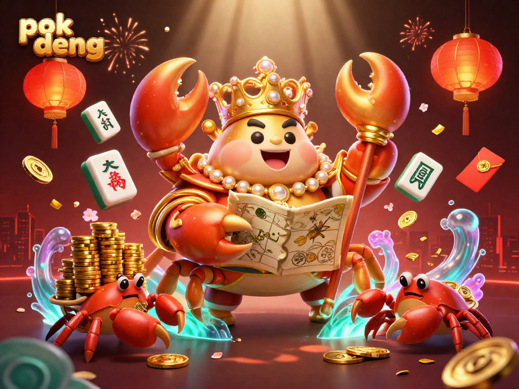 Experience the excitement of pok deng with a vibrant casino-themed illustration featuring a golden crab emperor, chips, and festive symbols.