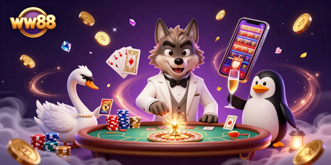 Join the excitement at ww88 as characters celebrate big wins in a vibrant casino setting.