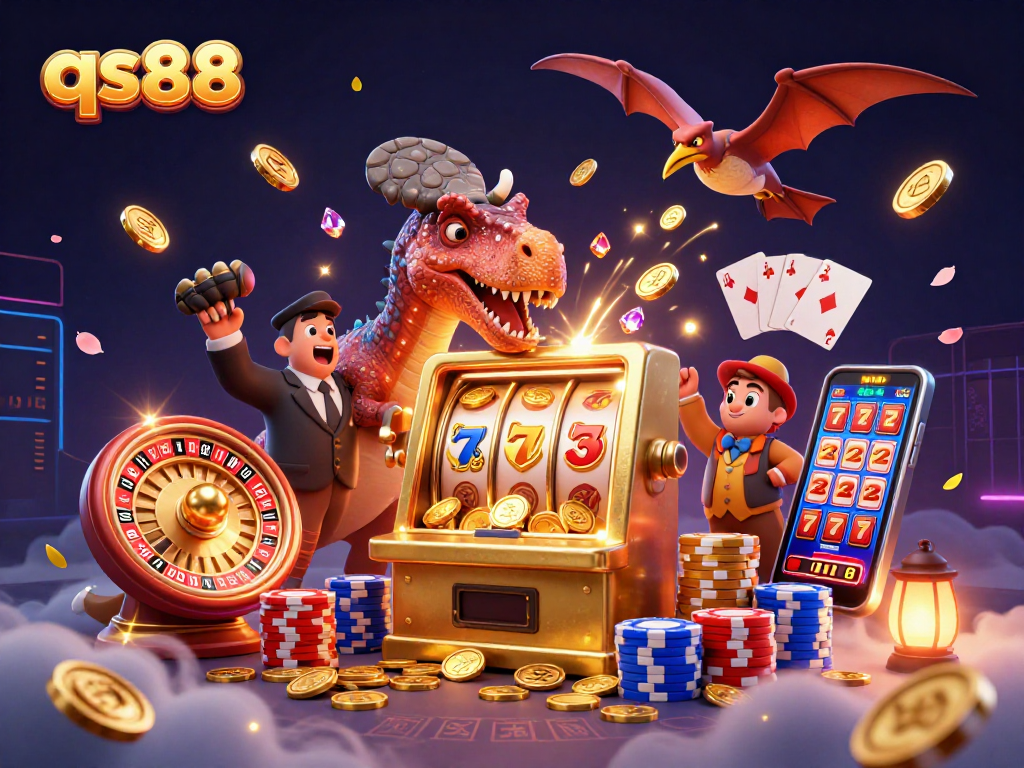 qs88 casino illustration of a dinosaur jackpot scene with flying coins and vibrant colors