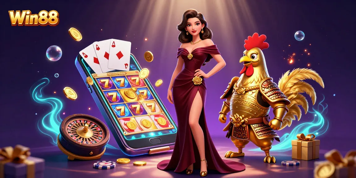 Win88 slots gaming scene with glamorous woman and golden rooster warrior, vibrant casino elements.