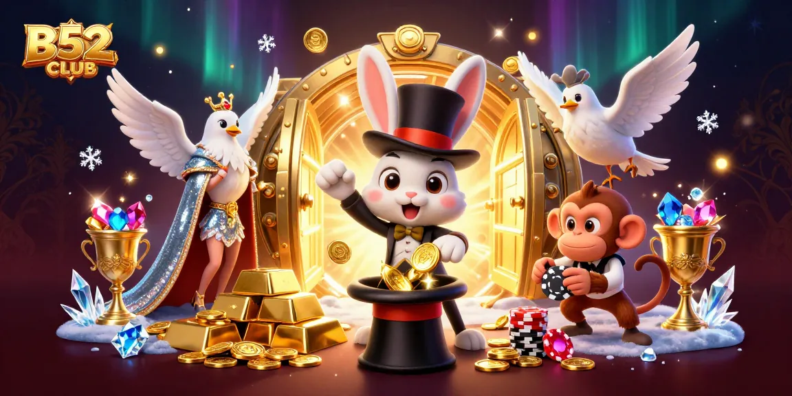 B52CLUB magician rabbit conjuring coins amidst dazzling casino treasures.