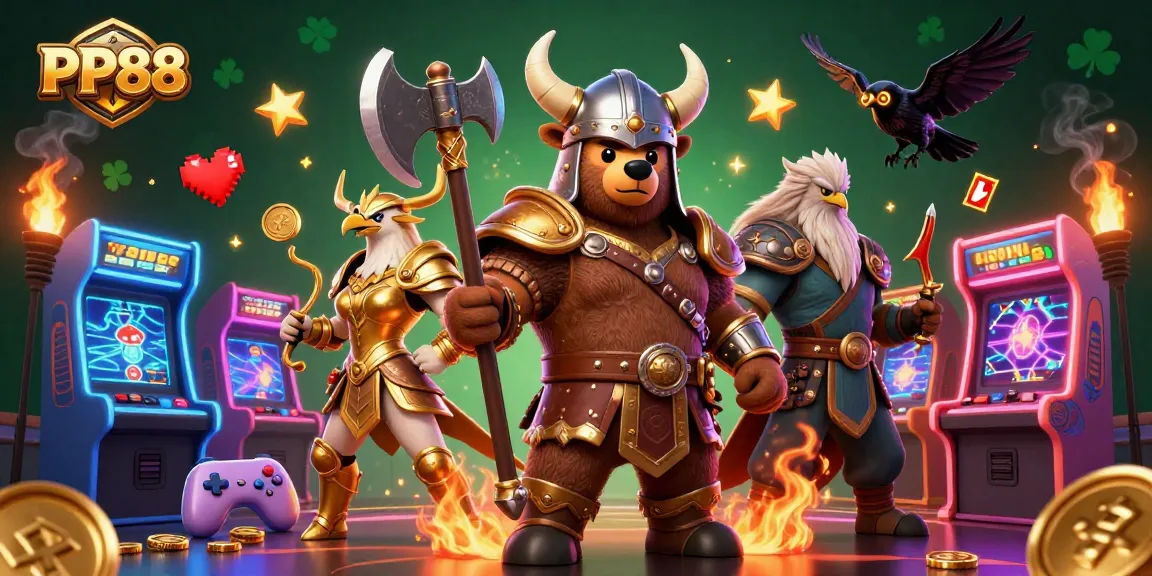 Experience the thrill of gaming with PP88 in a vibrant 3D casino illustration featuring dynamic characters.