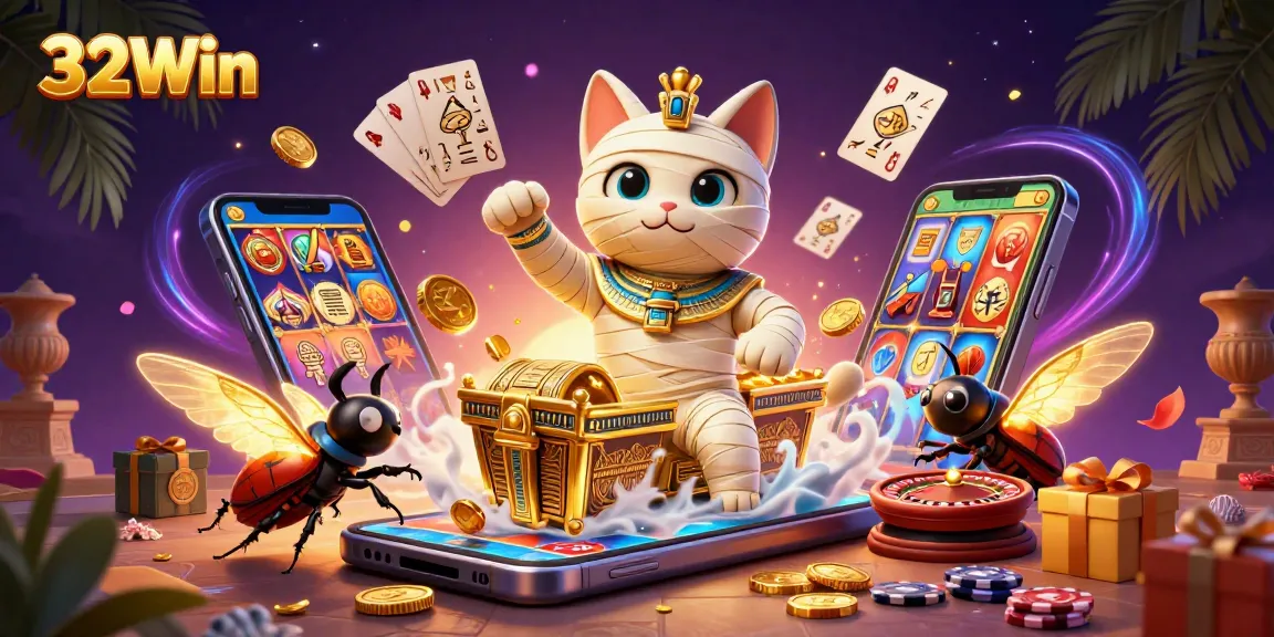 Experience thrilling adventure at 32Win with the Egyptian mummy cat amidst vibrant casino action.