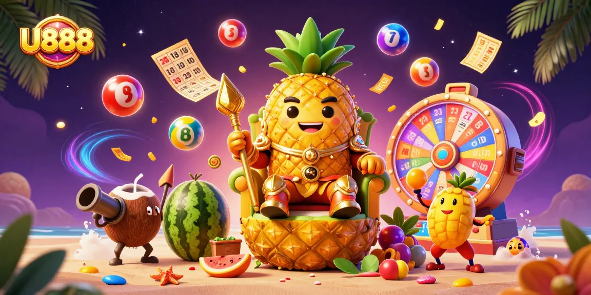 Experience U888's vibrant beach casino realm with a golden pineapple king and dynamic game elements.