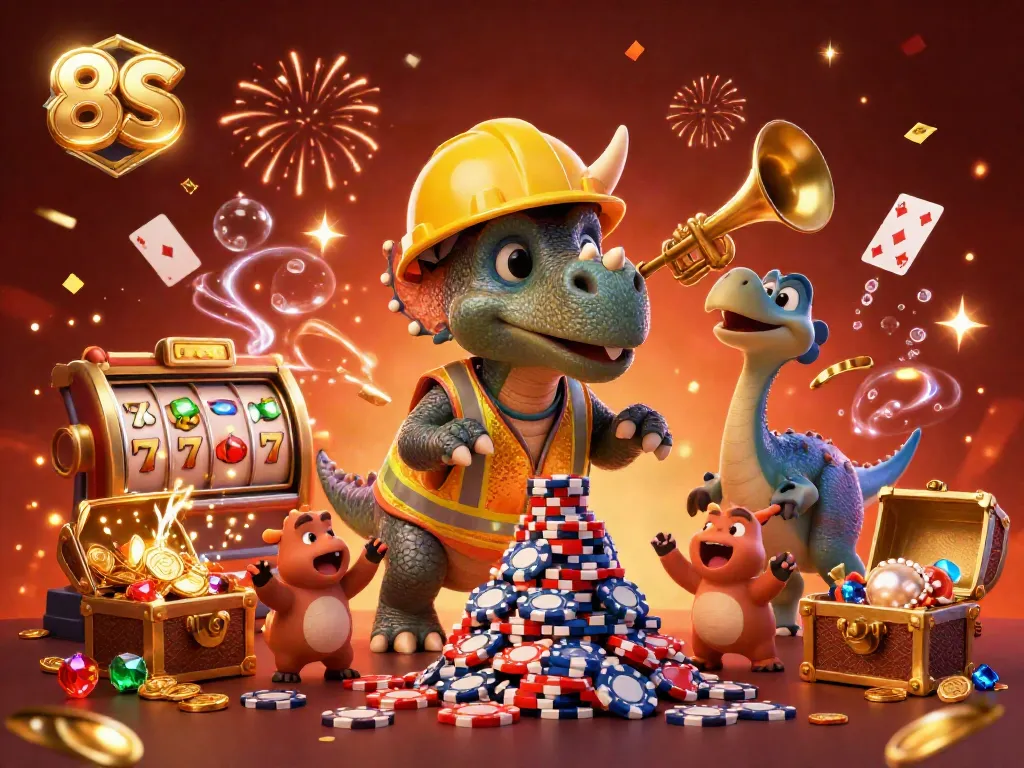 Celebrate gaming victories with 8S as a triceratops and friends enjoy a casino scene filled with excitement.