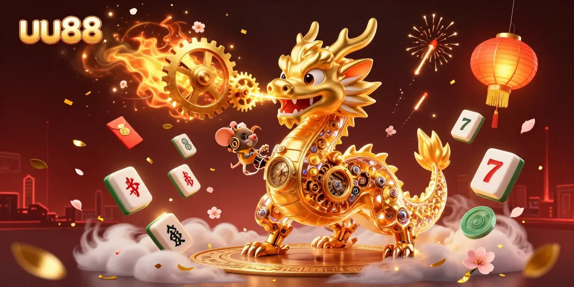 uu88's vibrant 3D casino scene with a golden dragon, Mahjong tiles, and rich game elements.