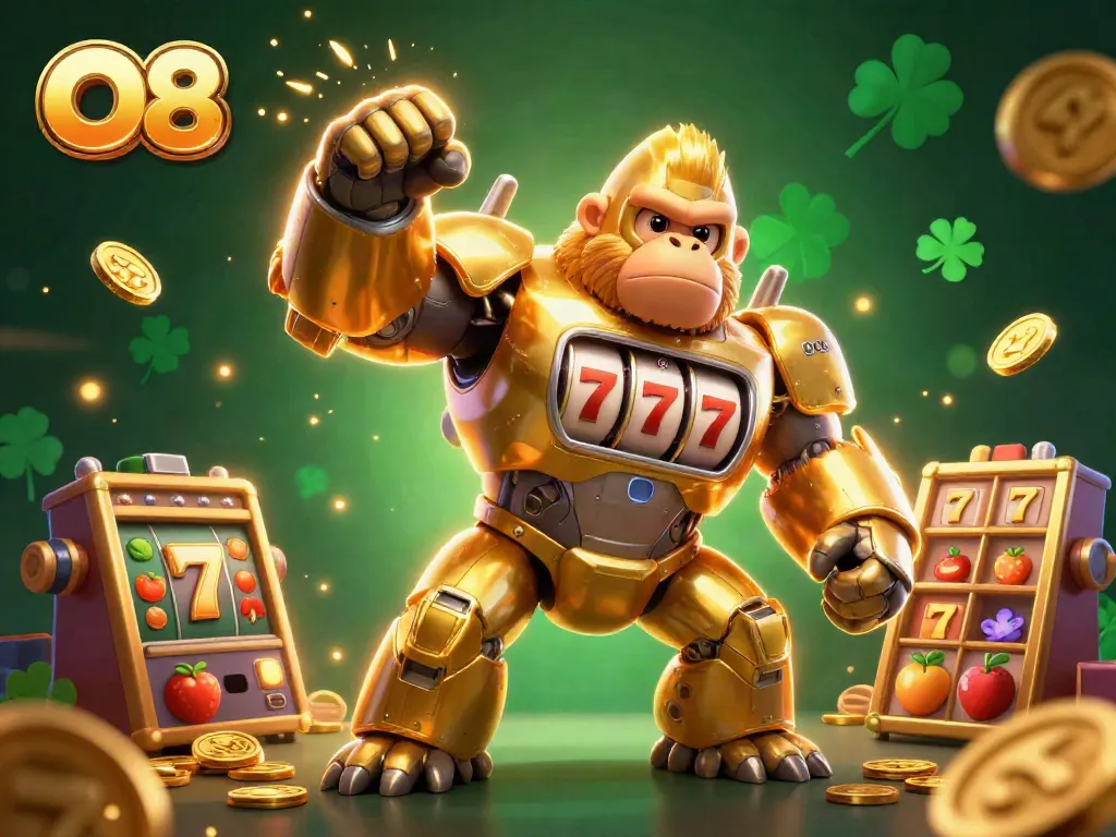 Experience the excitement at O8's casino with a colorful golden gorilla mech and dynamic slot game action.