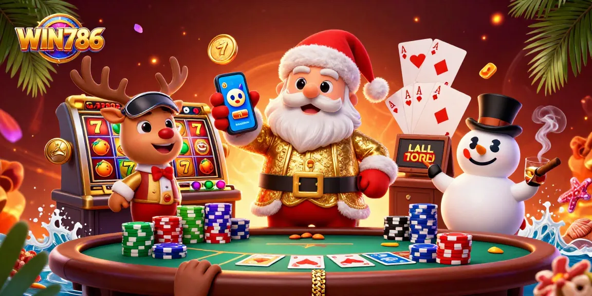 WIN786 offers an exciting gaming experience with a festive illustration of a cartoon Santa and friends in a lively casino.