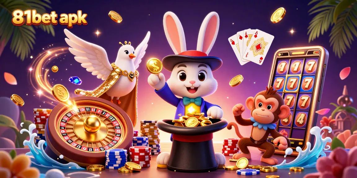Engage in thrilling gaming action with 81bet apk, showcasing a magical scene filled with golden coins and casino excitement.