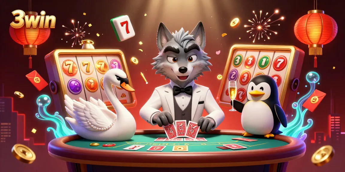 Experience winning spins with 3win, showcasing animated wolves and vibrant slot reels in exciting casino scene.