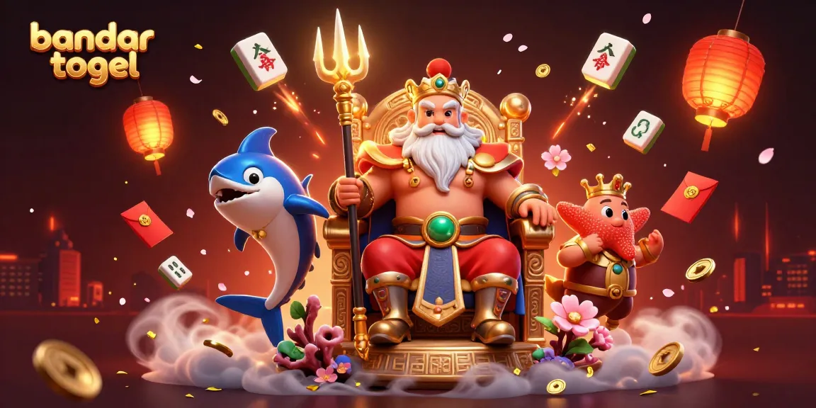 Engage in bandar togel excitement with vibrant 3D cartoon scene showcasing Neptune, samurai, and festive elements.