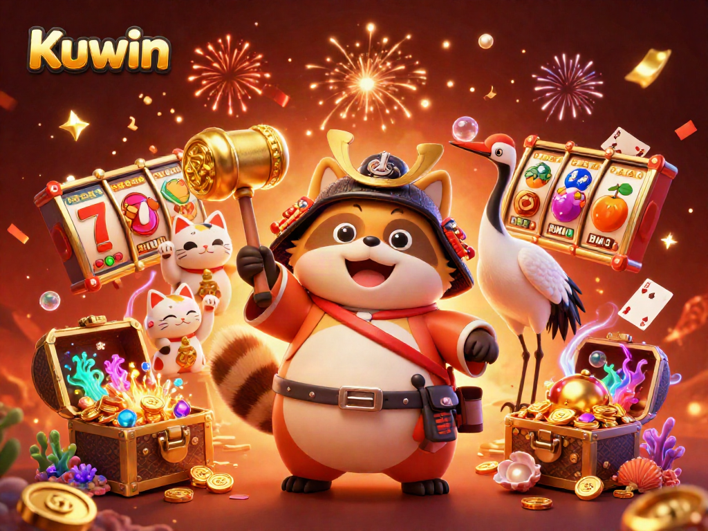 Kuwin showcases a vibrant 3D illustration of a tanuki with casino elements, celebrating winning strategies.