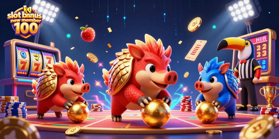 Klaim slot bonus new member 100 dengan dua pangolin raksasa bertarung di tengah tumpukan chip poker yang berkilau.
