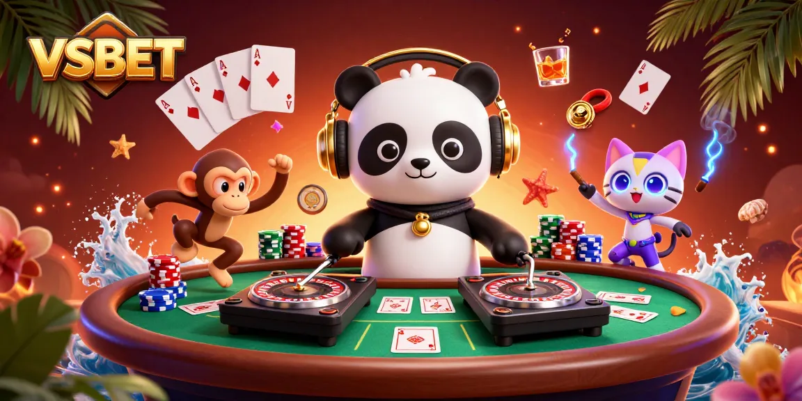 Experience VSBET's vibrant casino scene with a DJ panda and playful characters in a lively 3D illustration.