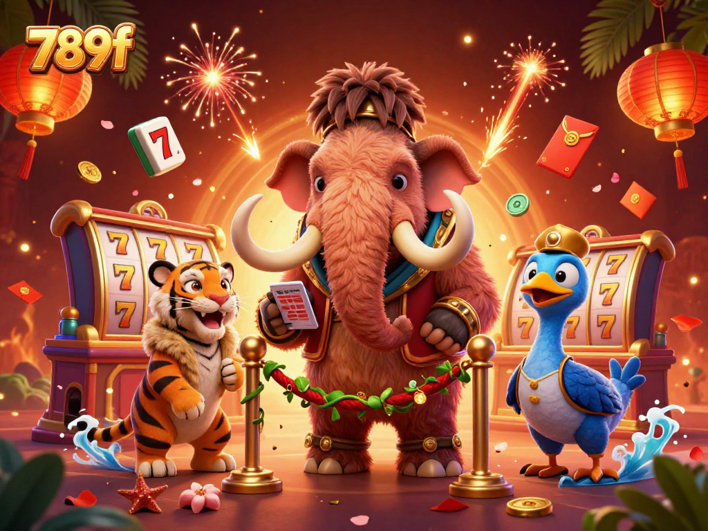 Engage in thrilling slots at 789f with a whimsical illustration featuring unique casino characters.