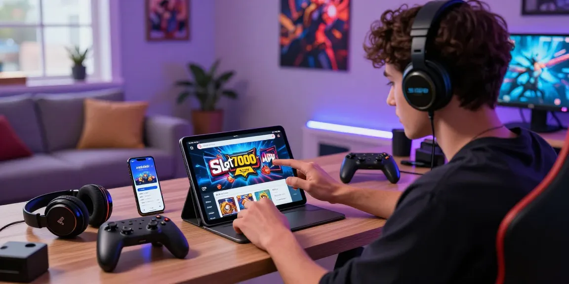 Engaged gamer using Slot7000 to download APK on tablet, surrounded by gaming accessories and vibrant atmosphere.
